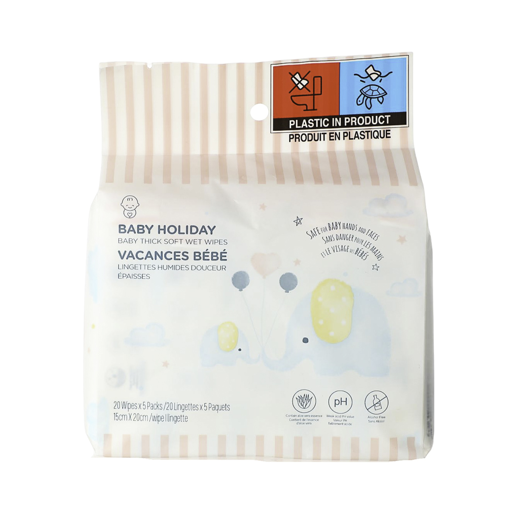 Baby Holiday Baby Thick Soft Wet Wipes (20 Wipes×5 Packs)